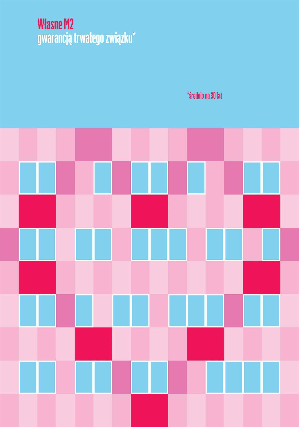 A poster showing geometric shapes that form the block of flats and a heart outline on it.