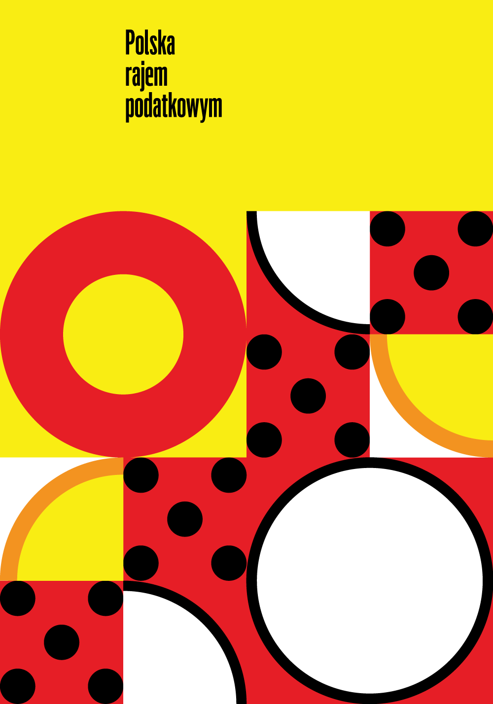 A poster showing geometric shapes in the brand colours of Biedronka - popular food supermarket in Poland.