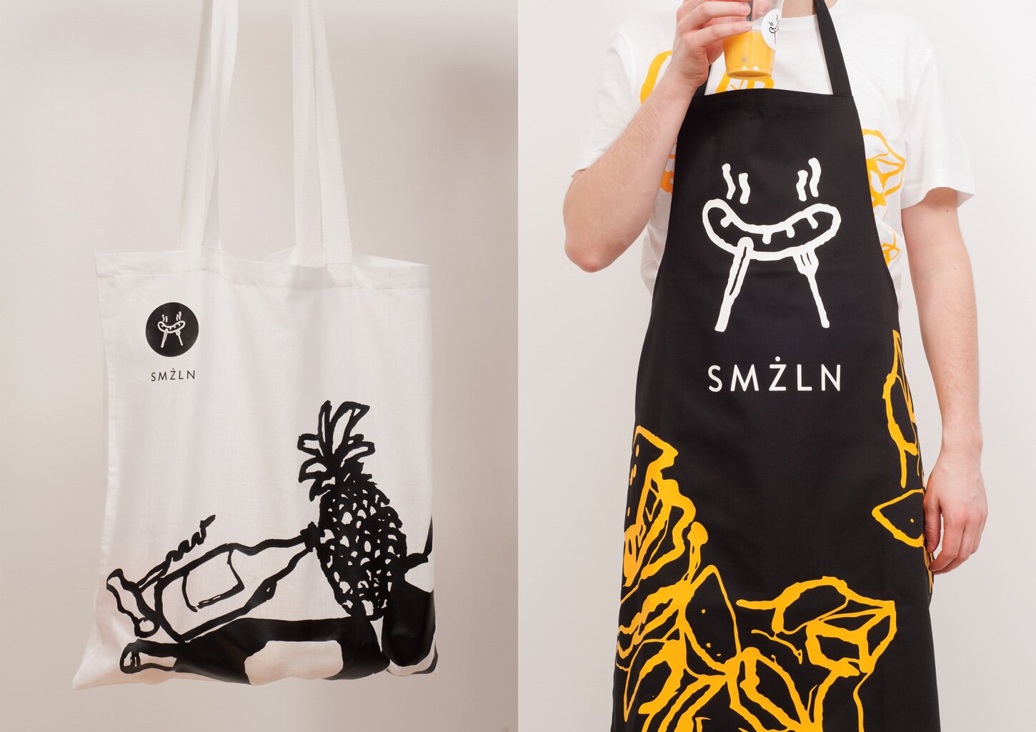 Photography of a linen bag with an illustration of wine bottles and pineaple and photography of kitchen apron with brand graphics on it