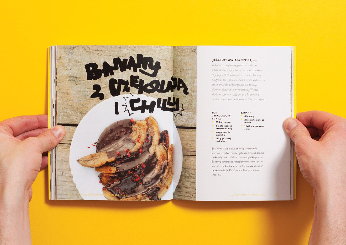 UCZTA cookbook's spread with a picture of bananas with chocolate