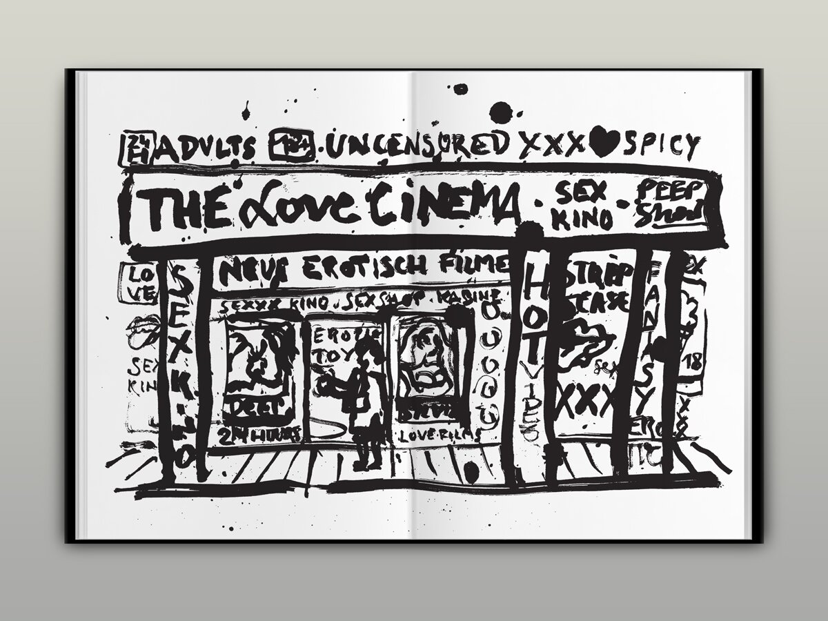A book spread with a black-and-white illustration of an adult movie theater.