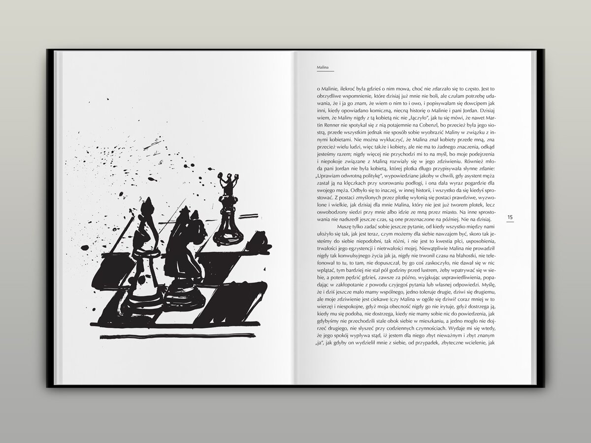A book spread with a black-and-white illustration of a chessboard.