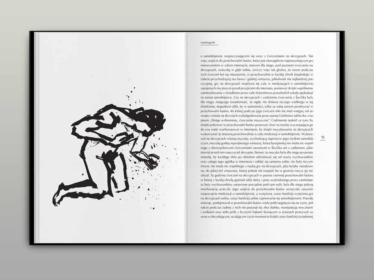 A book spread with a black-and-white illustration of a kneeling man.