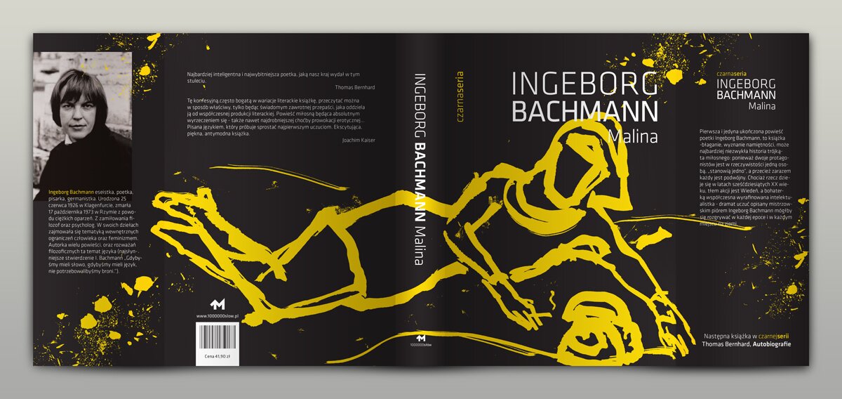 A book jacket with a photography of Ingeborg Bachmann and an illustration of a woman lying down