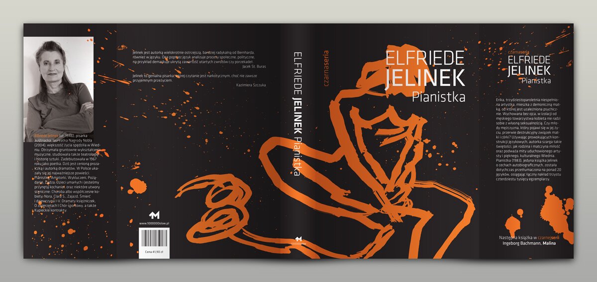 A book jacket with a photography of Elfriede Jelinek and an illustration of a naked woman